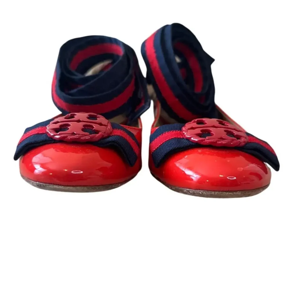Tory Burch Maritime Ankle Wrap Ballet Flats Red Navy Patent Size 9